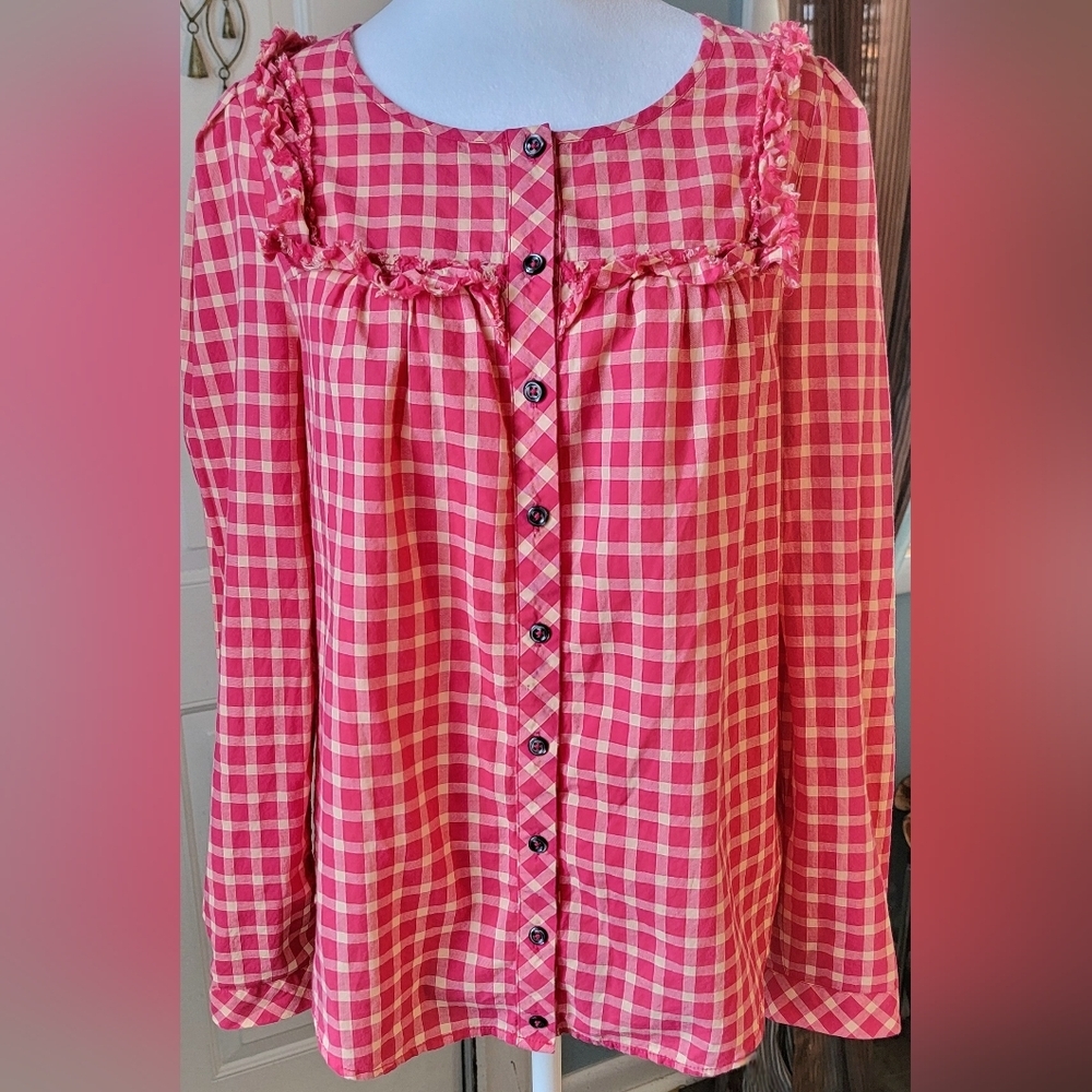 Anthropologie Holding Horses Quadardo Gingham Button Down Women's 2 Fusha Cream